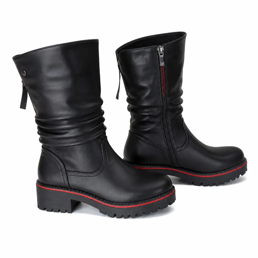 Black Boots with Side Zipper and Rugged Sole