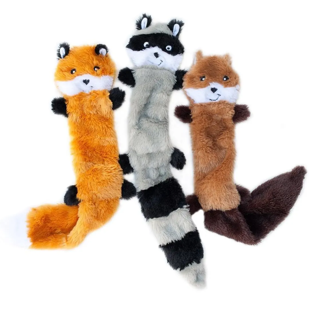 3pcs No Stuffing Squeaky Dog Toys Soft Plush Chew Toys Fox Raccoon Squirrel