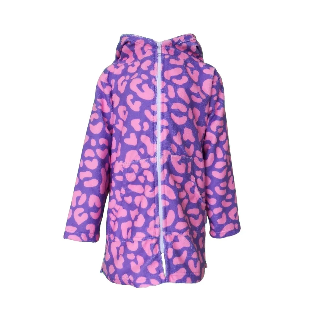 Kids Hooded Beach Towel, Full Zip, Long Sleeves Purple-Pink Leopard Print