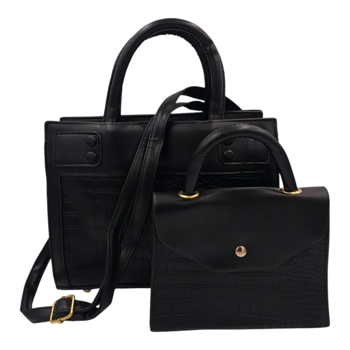 Women's 2-Piece Elegant Bags Tote Ladies Handbags with Adjustable Strap - Black