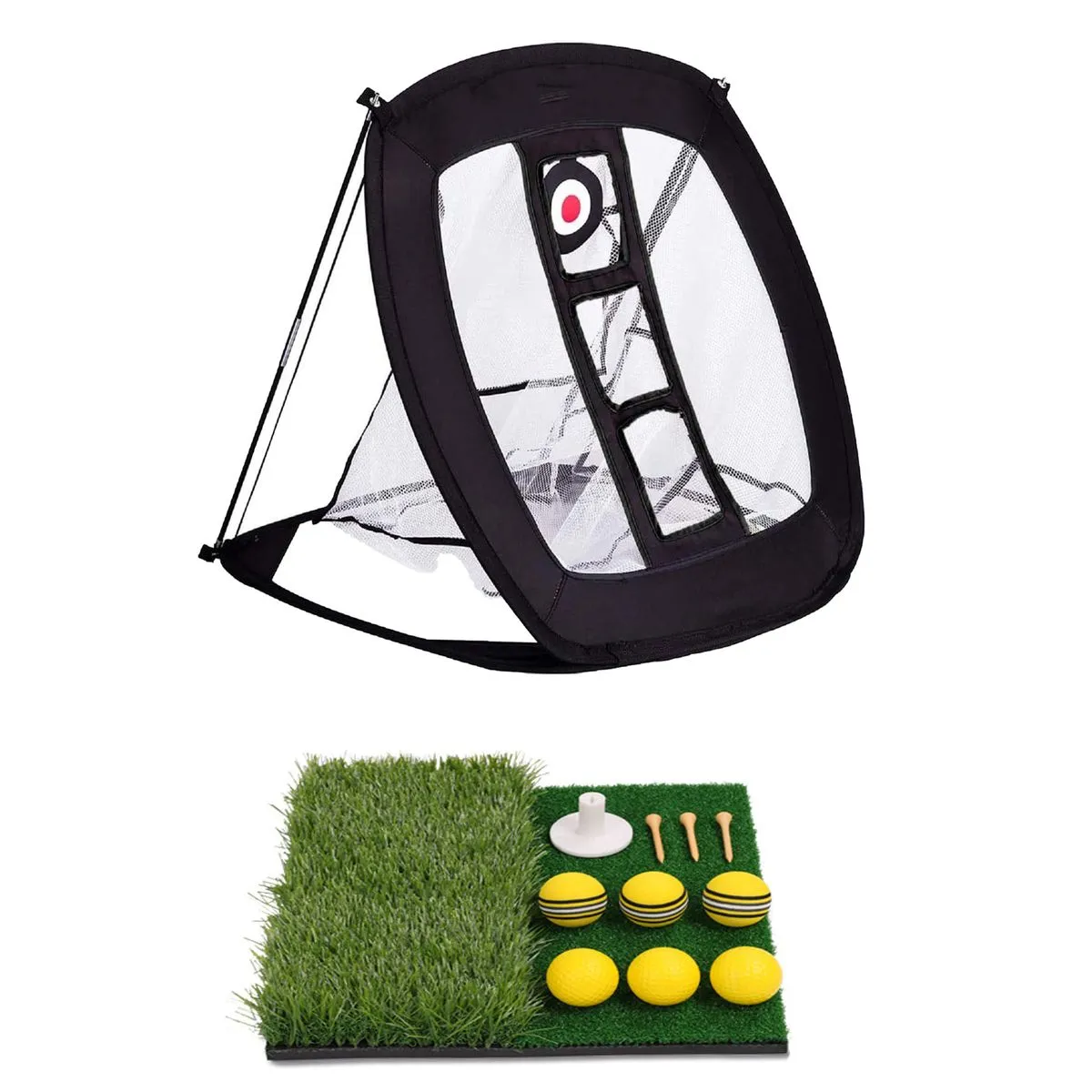 Golf Foldable 3-Target Practice Net Set with Ball Pads Spikes Tee