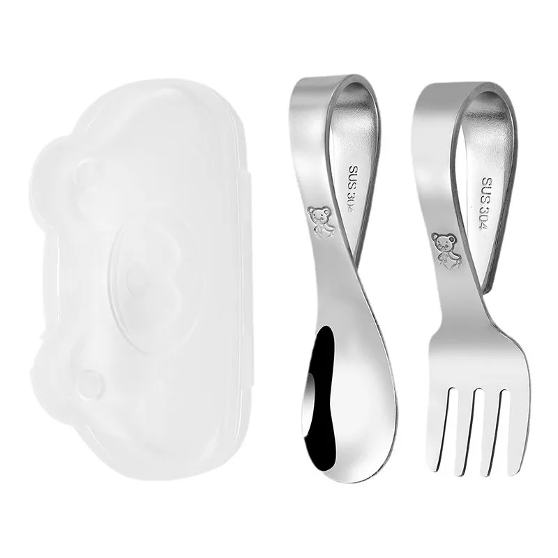 Stainless Steel Childrens Spoon And Fork Set With Curved Handles