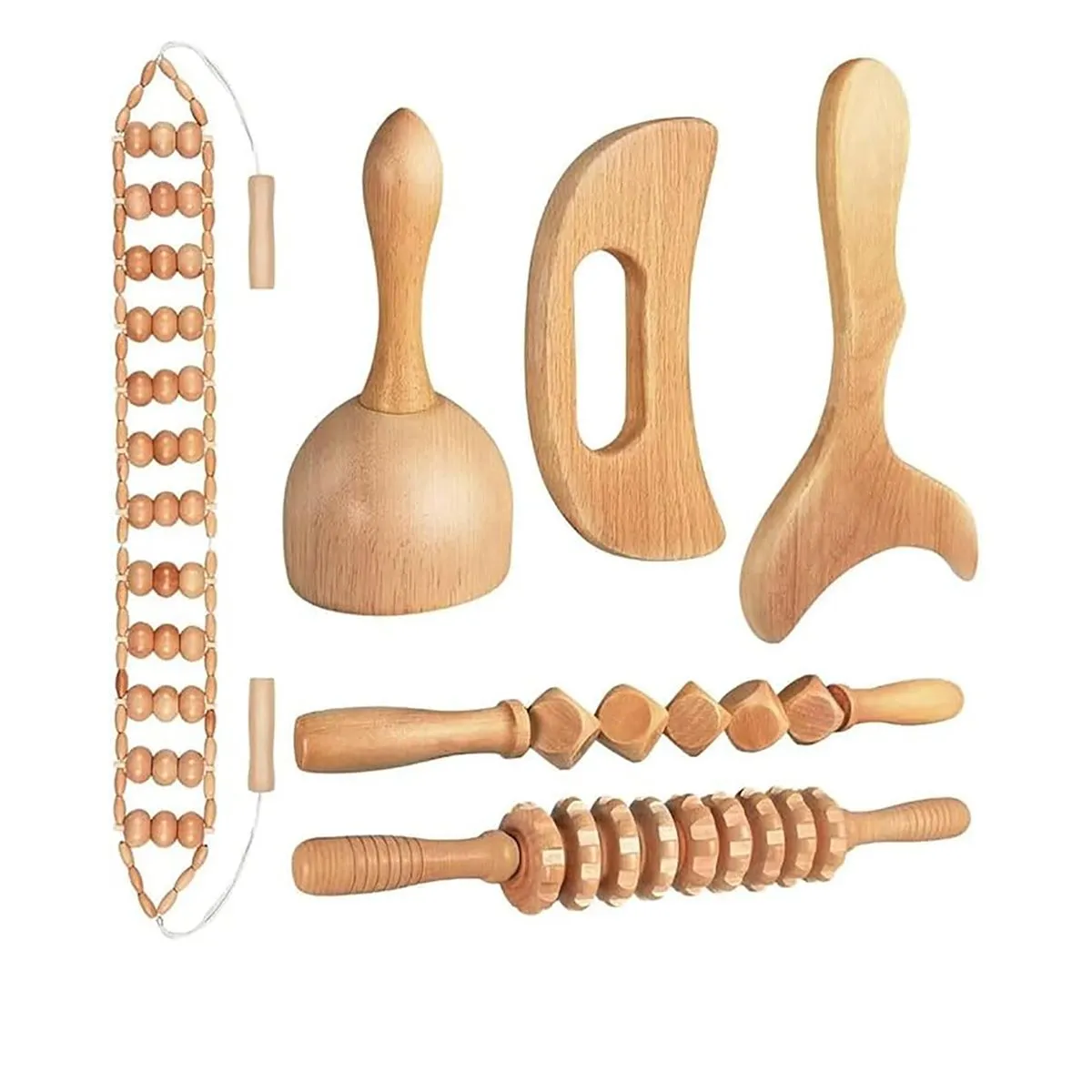 6-Piece Wood Therapy Massage Set - 10-in-1 Gua Sha Body Massager