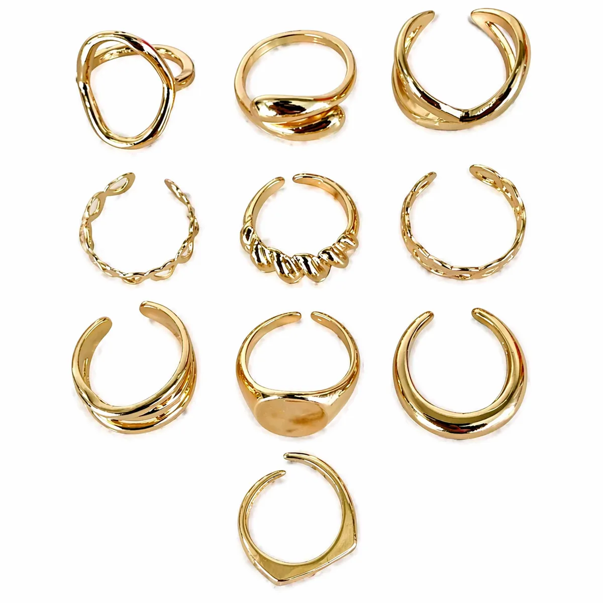 10 Piece Gold Tone Alloy Adjustable Open Ring Set Women Fashion Jewellery