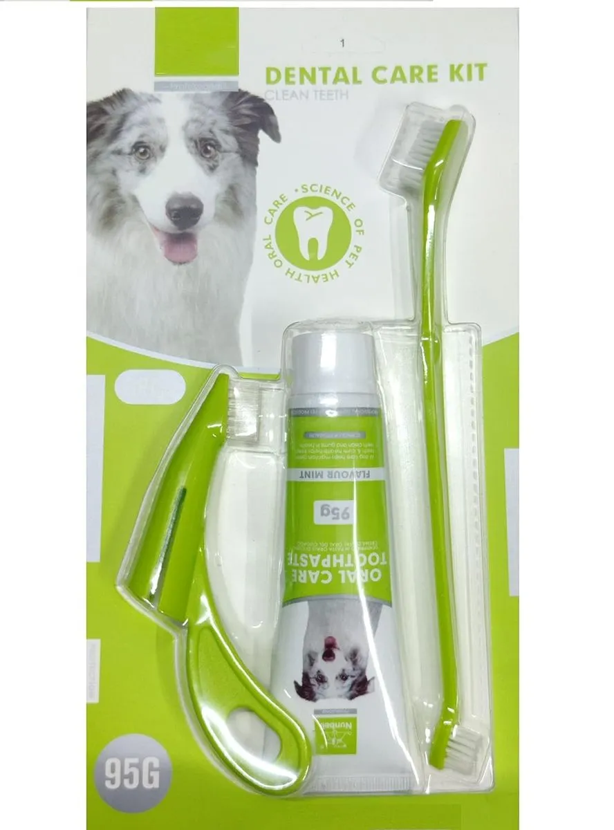 Nunbell Oral Care Dog And Cat Dental Care 3 In 1 Toothpaste Finger Brush Kit - Green