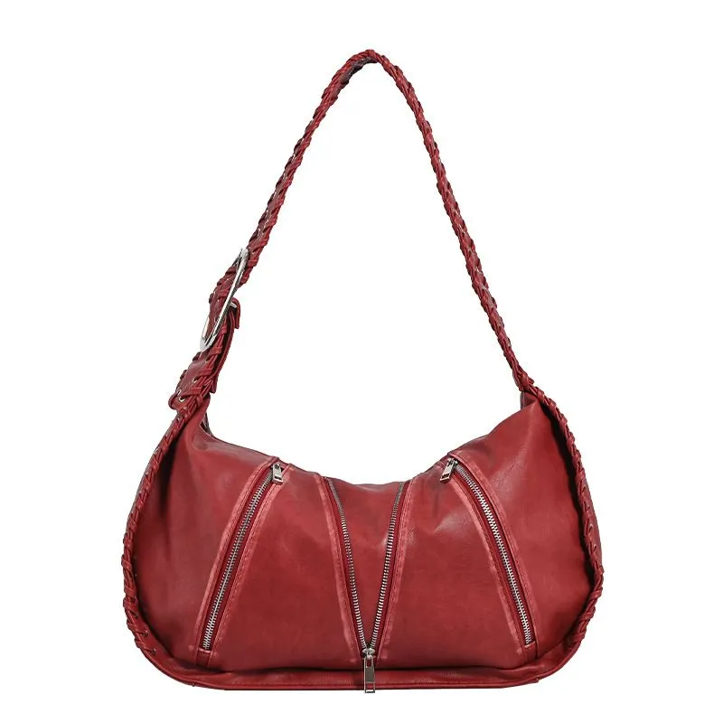 Retro Woven Red UnderarmShoulder Bag,Niche DesignLarge Capacity CommuterBag