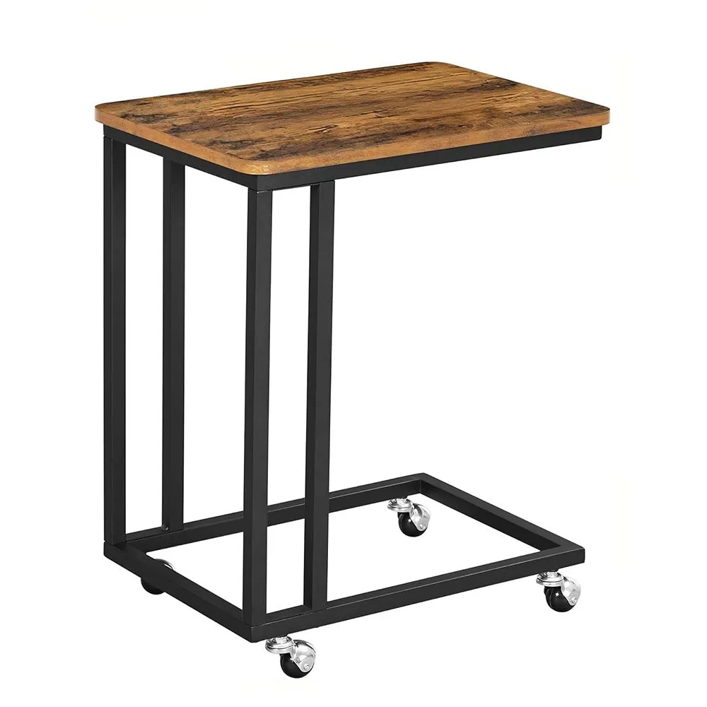 Side End Table, C Shaped TV Tray with Metal Frame Rolling Casters