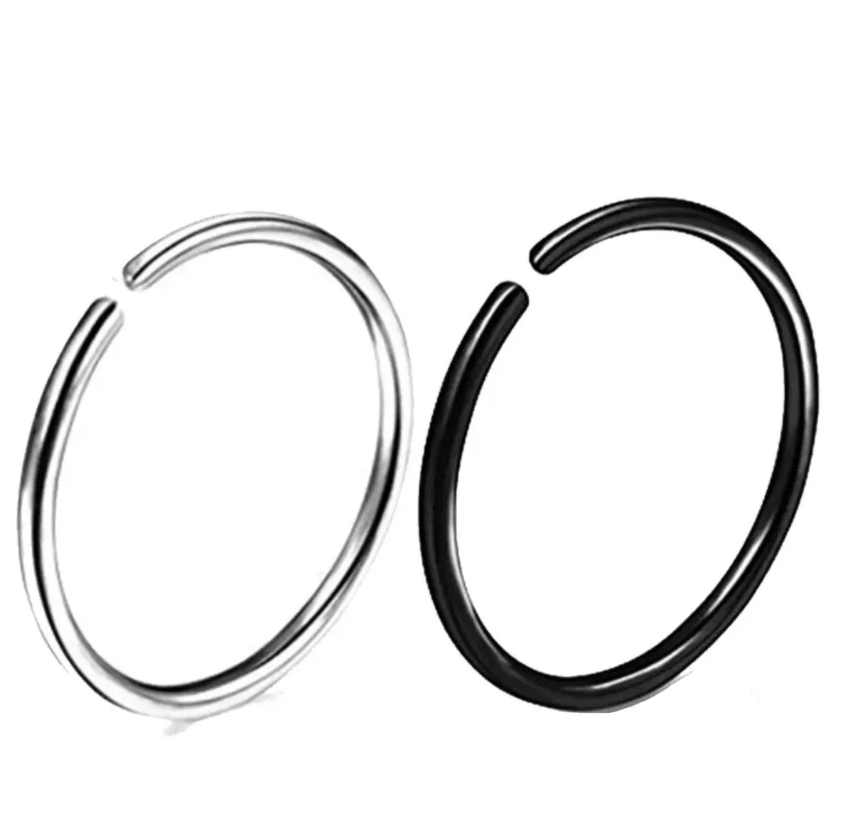S & C Round Circular Stainless Steel Nose Ring - 2 Pack of Nose Rings - Blac & Silver