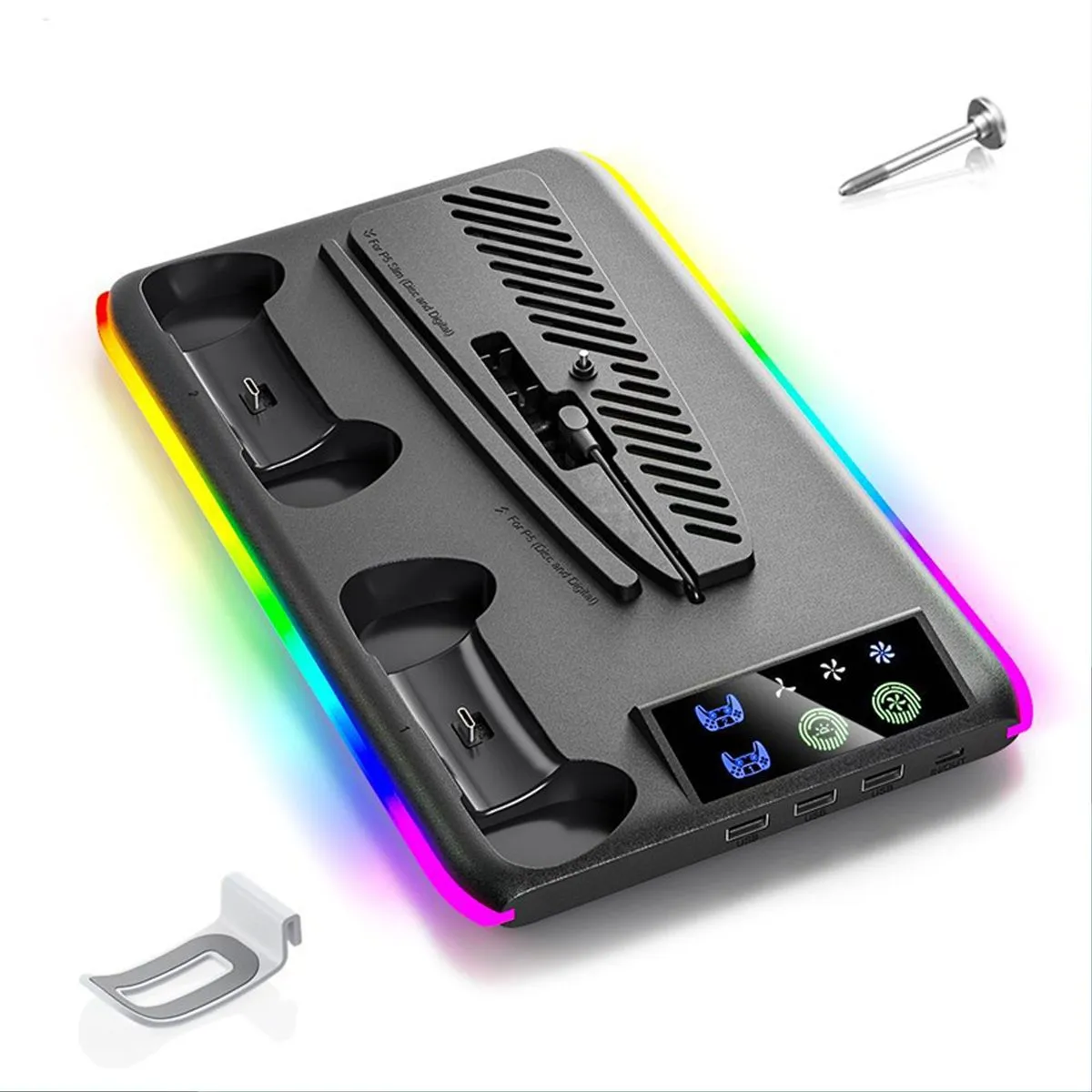 PS5 Slim Pro Cooling Stand with Dual Controller Charger and USB Hub - Black