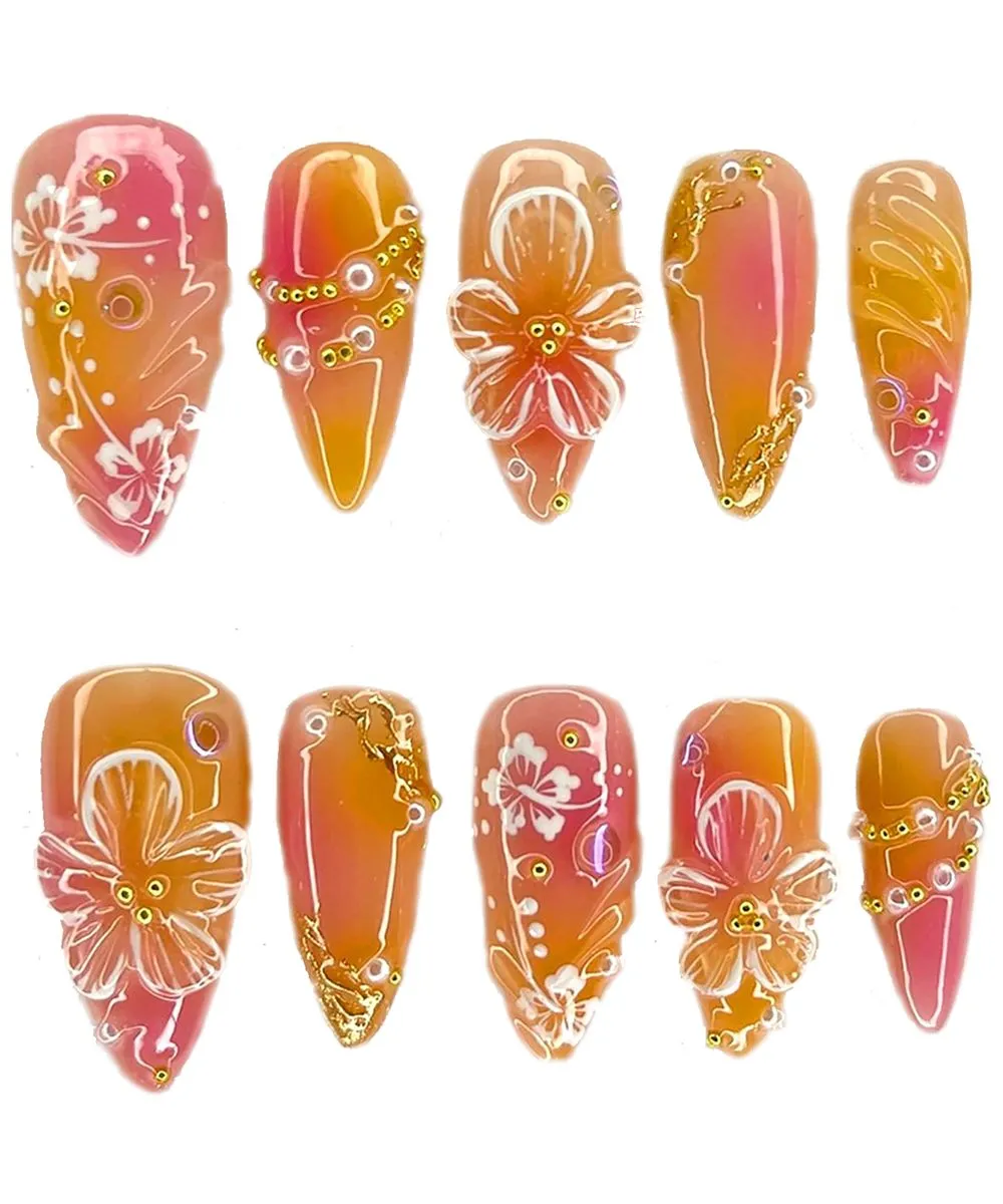 24Pcs Handmade Fake Nails with Orange Red Flower 3D Pearl Charms Design