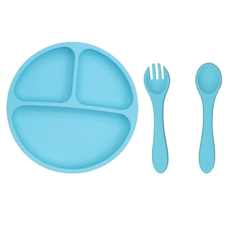 Triple Compartment Silicone Baby Plate Suction Base With Matching Cutlery - Blue