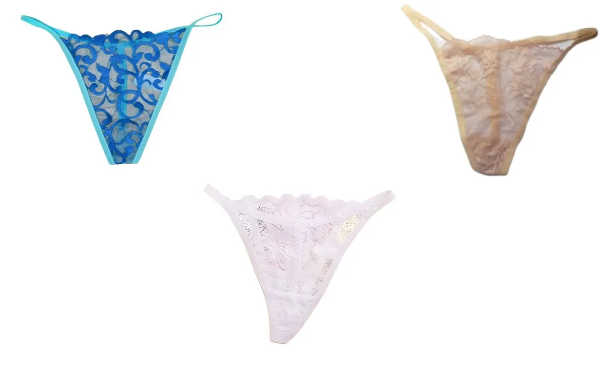 Lace G String Thong Panties - Women's T Back Underwear - 3 Pack - Blue, White