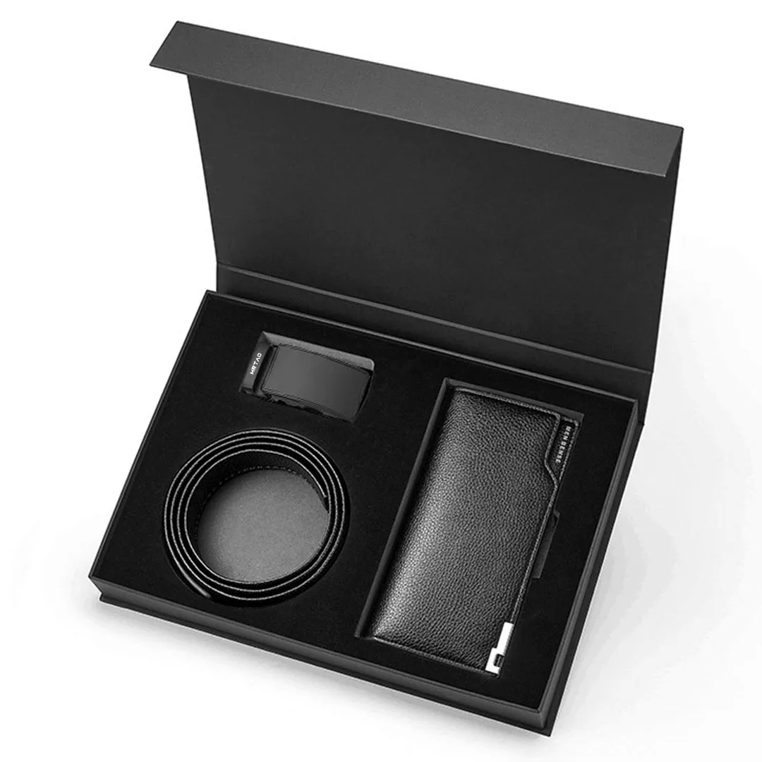 Men Genuine Leather Belts and Long Wallet Set for Men with Gift Box