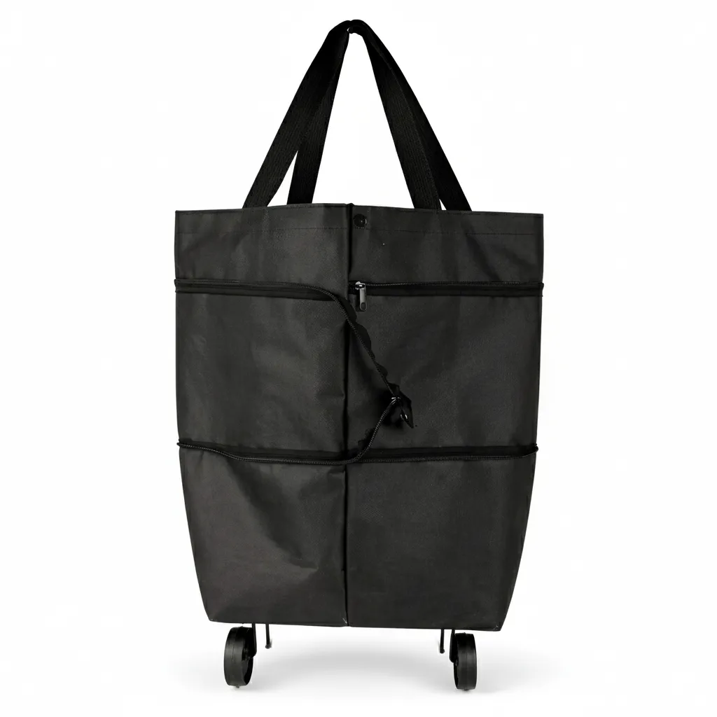 Black Rolling Shopping Trolley Bag Foldable Grocery Bag with Wheels