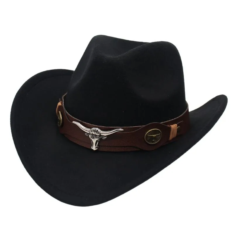Ethnic Style Cow Standard Western Cowboy Jazz Hat - Rolled Brim - Black