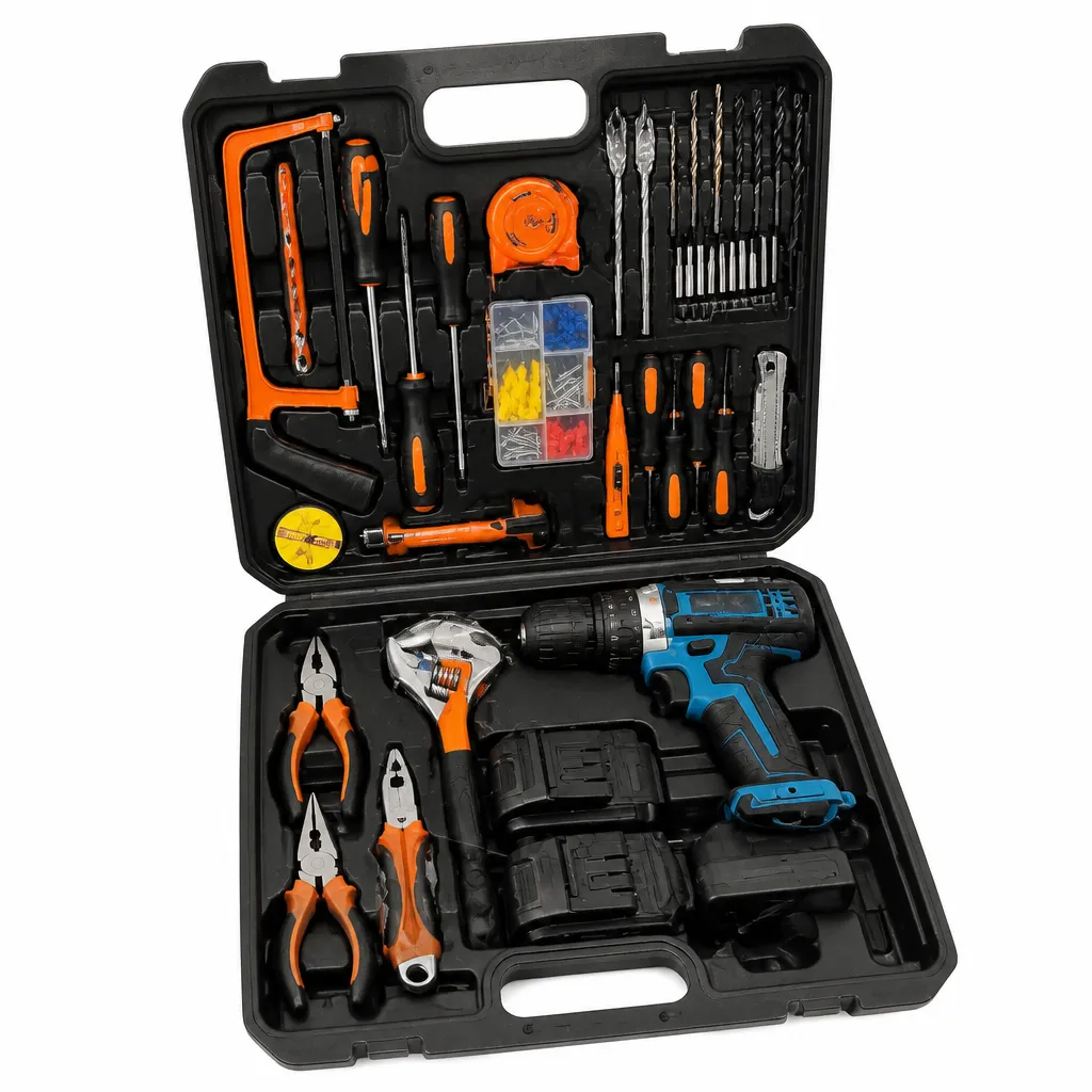Set with Drill Hand Tools and Accessories in Carrying Case