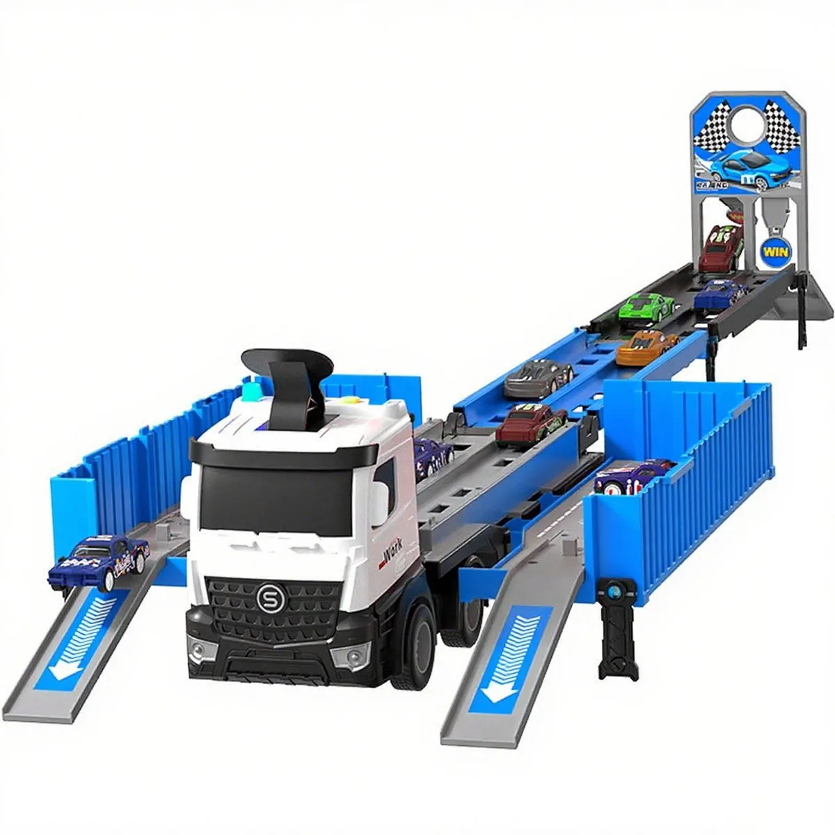 Kid's Carrier Truck Race Track Toddlers Toys, Foldable 3 Layer Playset - Blue