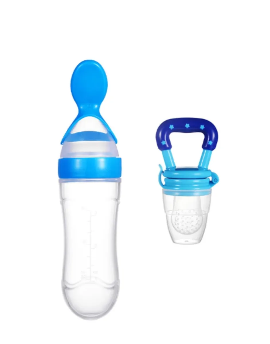 Silicon 90ml Baby Squeeze Bottle and Silicon Fruit Feeder Pacifier Set - Blue