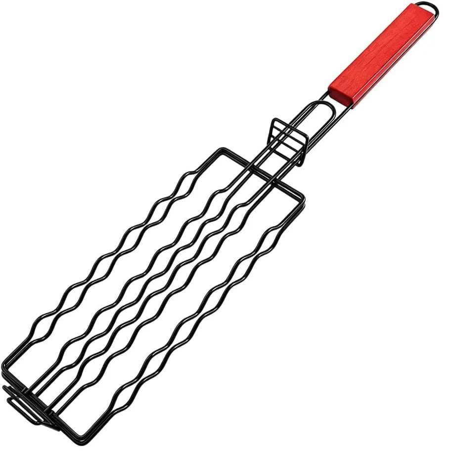 Stainless Steel Hot Dog Grill Basket with Wood Handle
