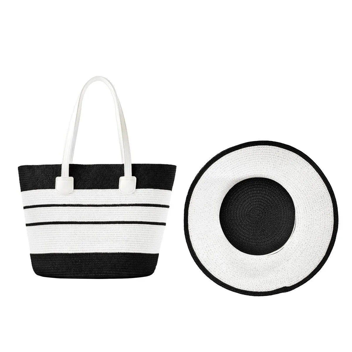 JESSEJESSE Woven Straw Tote Bag and Hat Set Summer Beach Style - Black