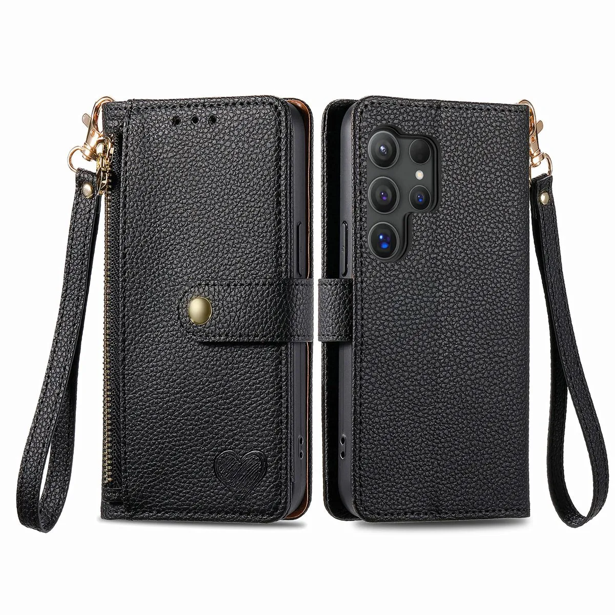 RFID Zip Leather Wallet Case Compatible With Samsung Galaxy S24 Ultra Cover - Black