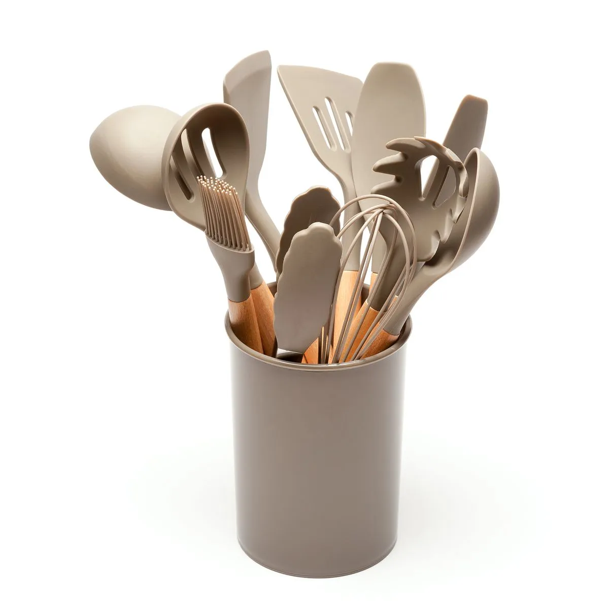 Kitchen Utensils - Set of 12 - Silicone - Non Stick - Includes Holder - Brown