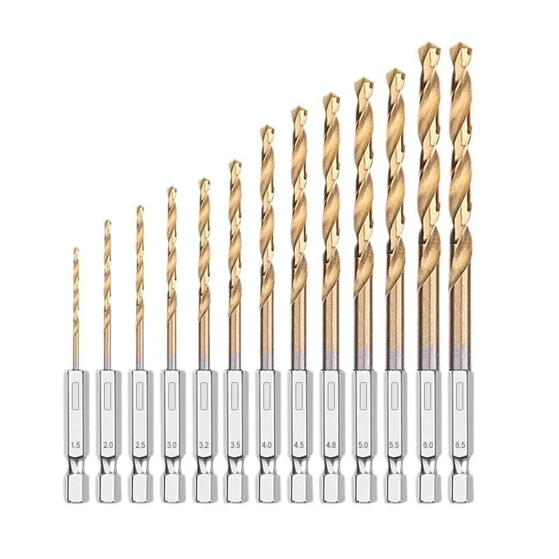 Drill Bit Set 13Pcs 1.5mm-6.5mm Hex Shank HSS Titanium