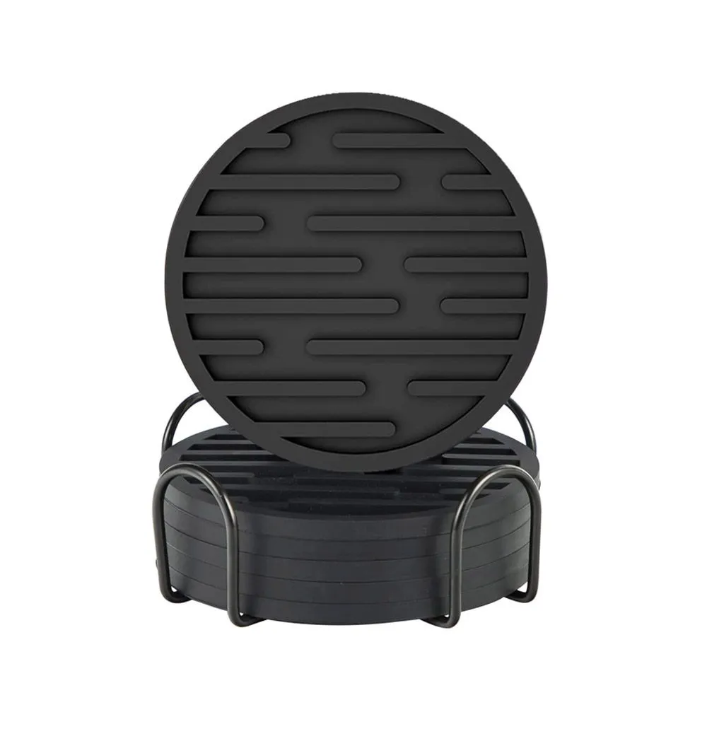 Cup Coasters Silicone Drink Coaster Set of 6 with Holder for Bar - Black