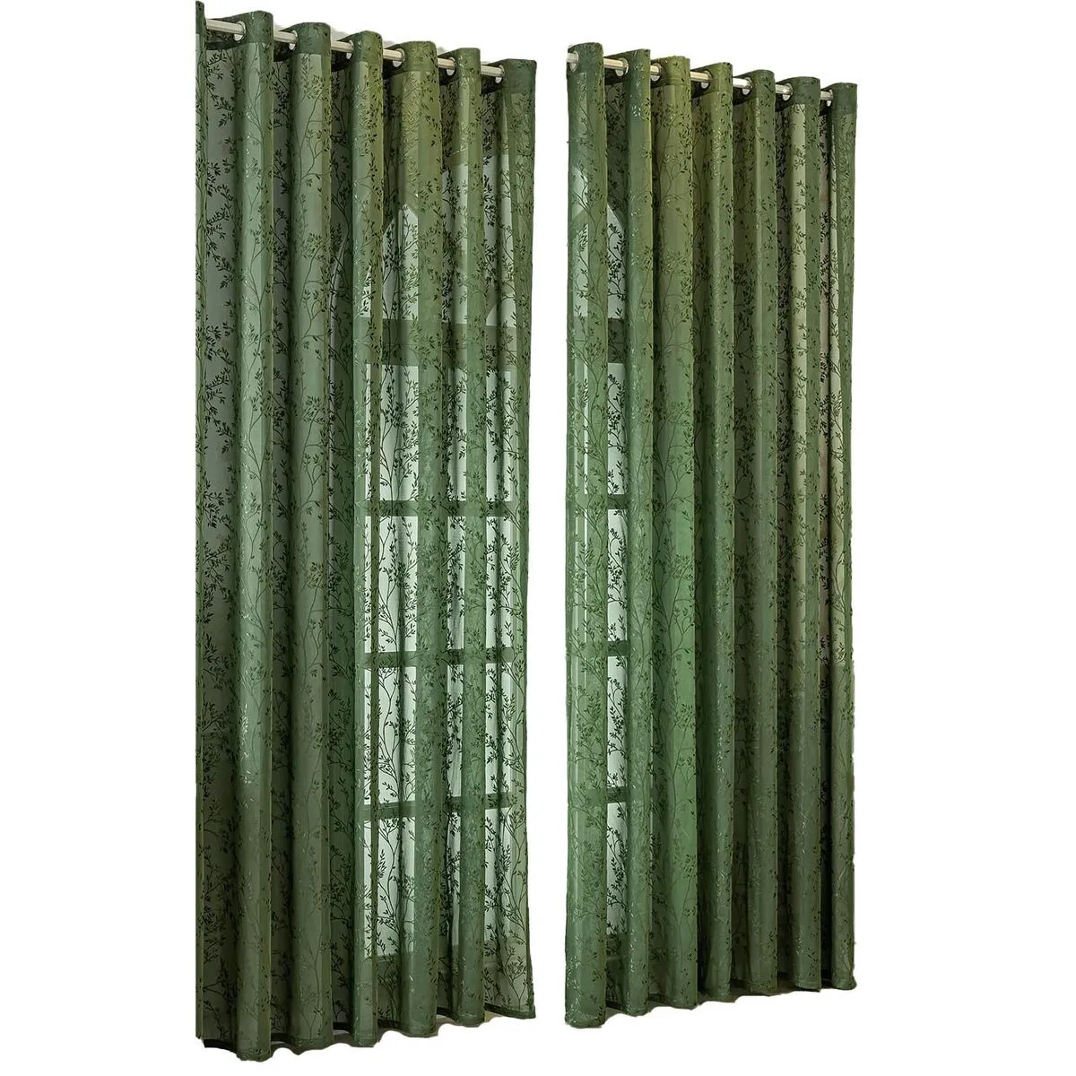 Farmhouse Style Sage Green Jacquard Lace Sheer Curtains, Grommet Top Window