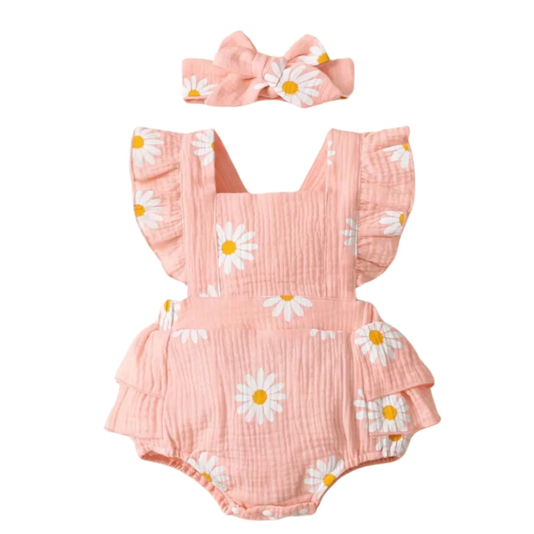Daisy flower romper set - Peach - 0-3 months