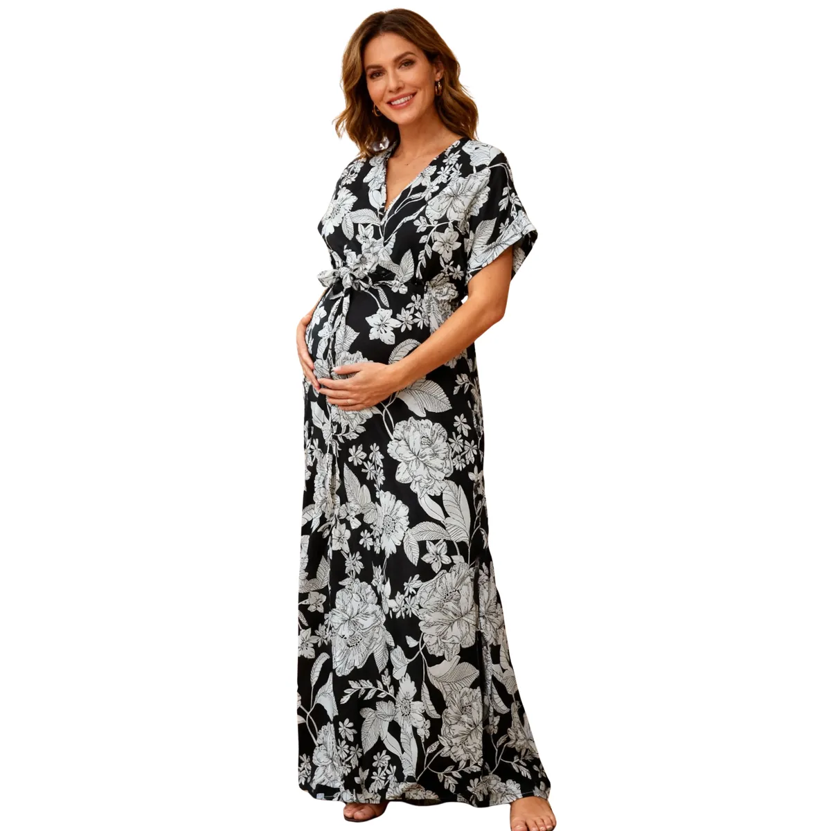 Maternity Dress Viscose Floral Print - Black