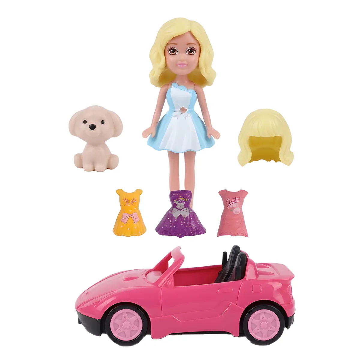 Mix & Match Fashion Doll & Car Set: 4 Wigs, 3 Dresses, Pet.