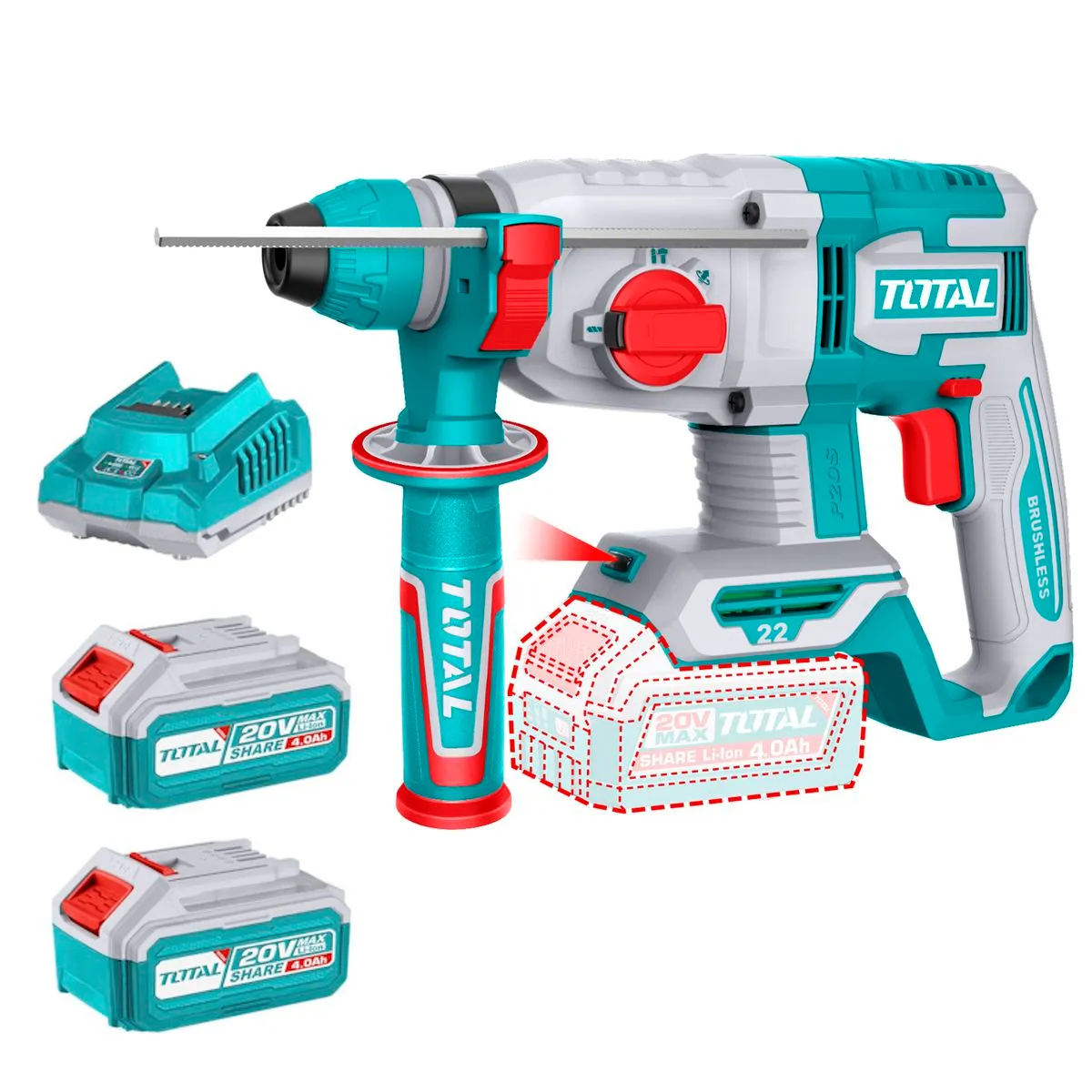 Total Tools 20V Lithium-ion Rotary Hammer with 2 Batteries and Charger