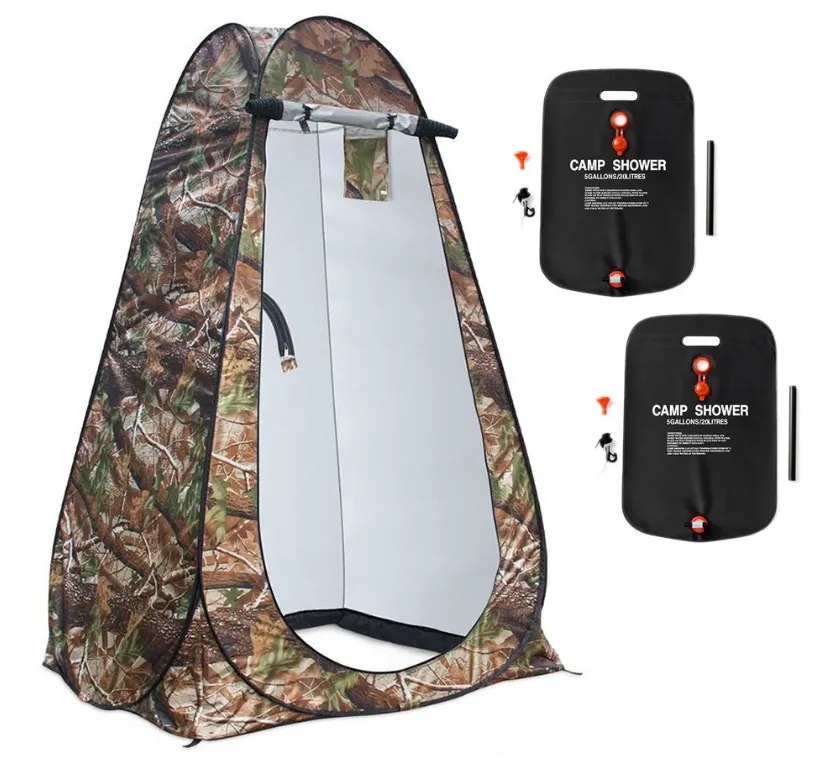 SamMag Biz Pop-Up Camping Shower Tent With 2 Sun Showers (150 x 150 x 190cm - Camo