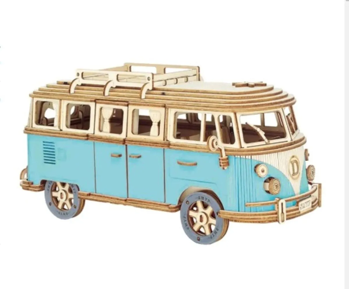 DIY Wooden Retro Bus 3D Puzzle For Children's Education - Blue, Brown
