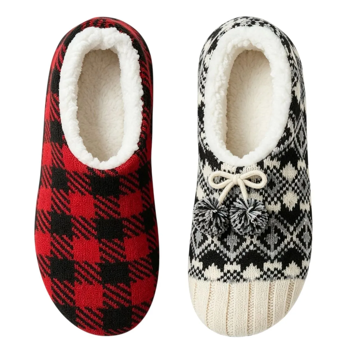 4 Pack Winter Knitted Ladies Fleece Lined Slippers Sock NonSkid Sole UK 3-6 - Black, Red