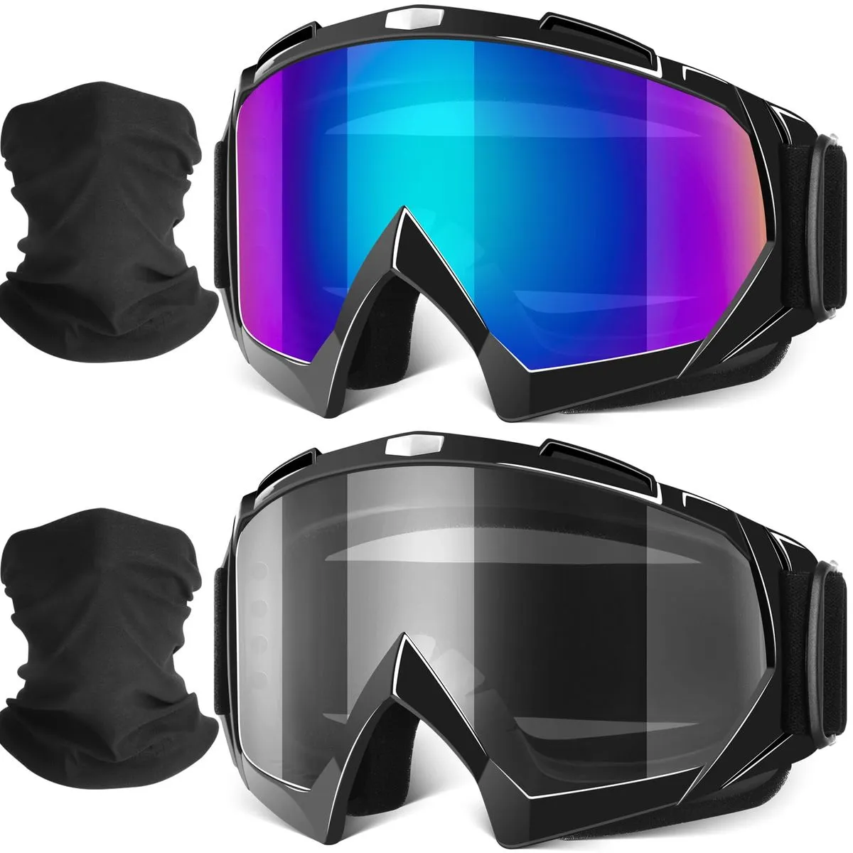 2-Pack Motorcycle Goggles ATV UTV Dirt Bike Riding Protective Glasses - Black, Iridescent, Gray