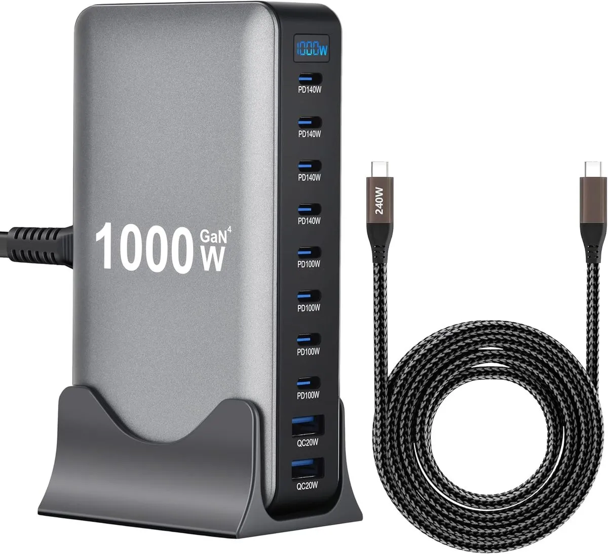 1000W 10-Port GaN 4 Desktop Charging Station with 240W 3.2 ft Data Cable