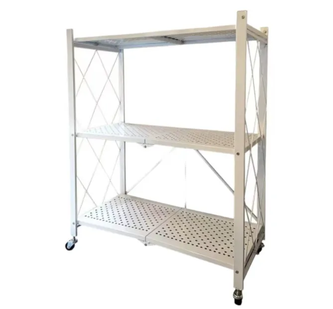 Metal 3 Tier Foldable Storage Shelve Home Storage Rack with Wheels - White