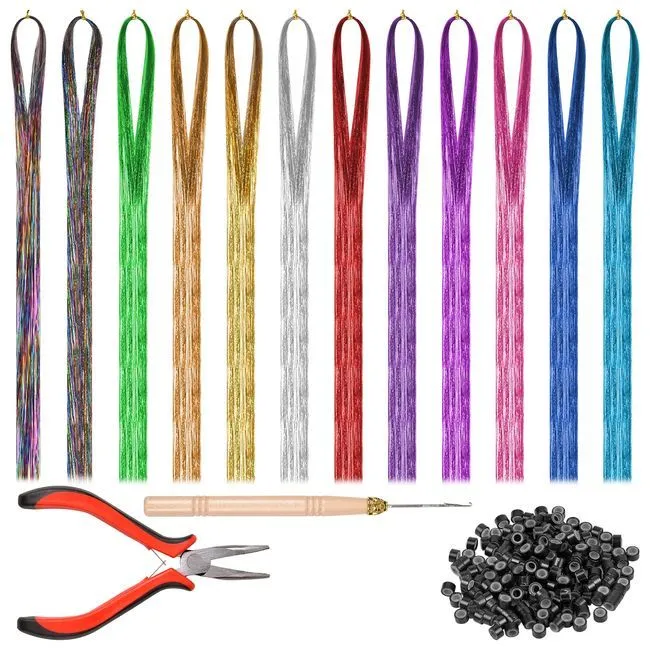 12 Colour Hair Tinsel Kit with Micro Beads and Accessories