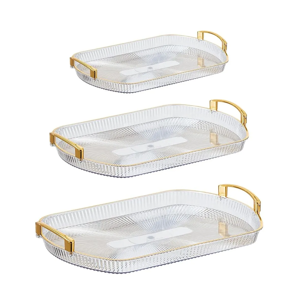 Set of 3 Multi-size Clear Plastic Gold Handle Rectangular Serving Tray
