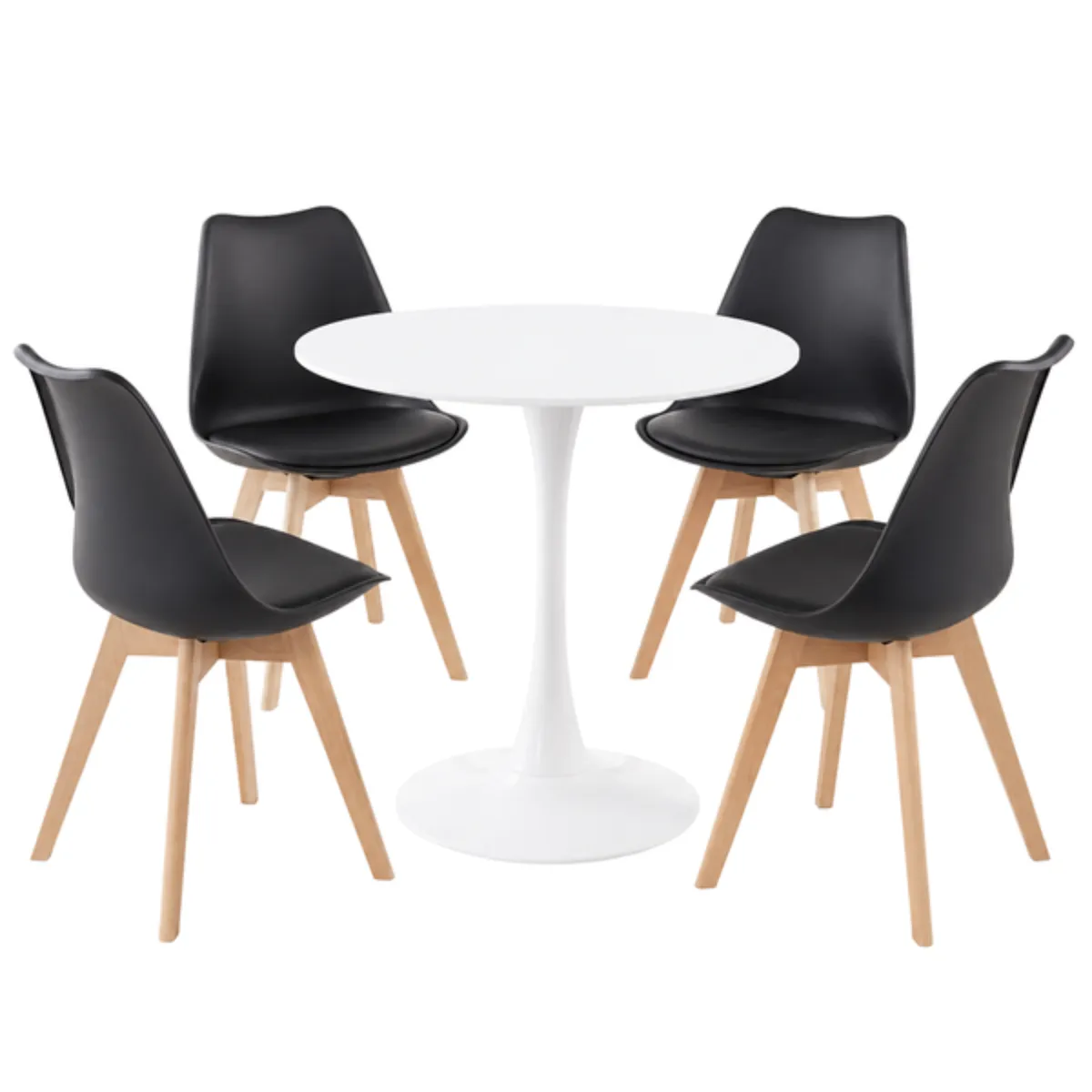 Modern Round Dining Set - White Table with 4 Black Chairs