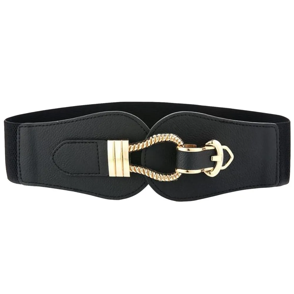Fashion Women Wide Elastic Vintage Cinch Buckle Casual Retro Waist Belt - Black