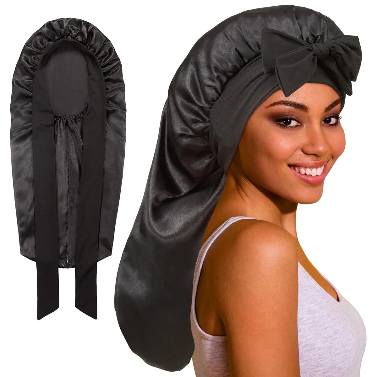 Tie-On Satin Bonnet Long Bonnet Satin Silk Bonnet for Braids Curly Hair - Black