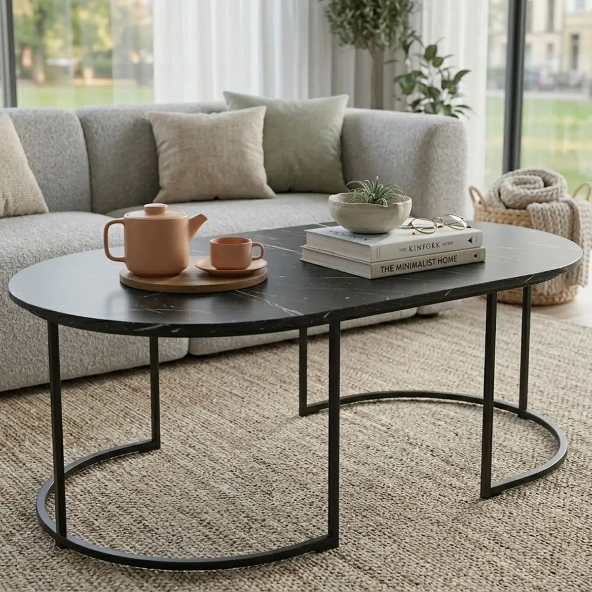 Coffee Table Oval Side Table Wood Sofa End Table - Black