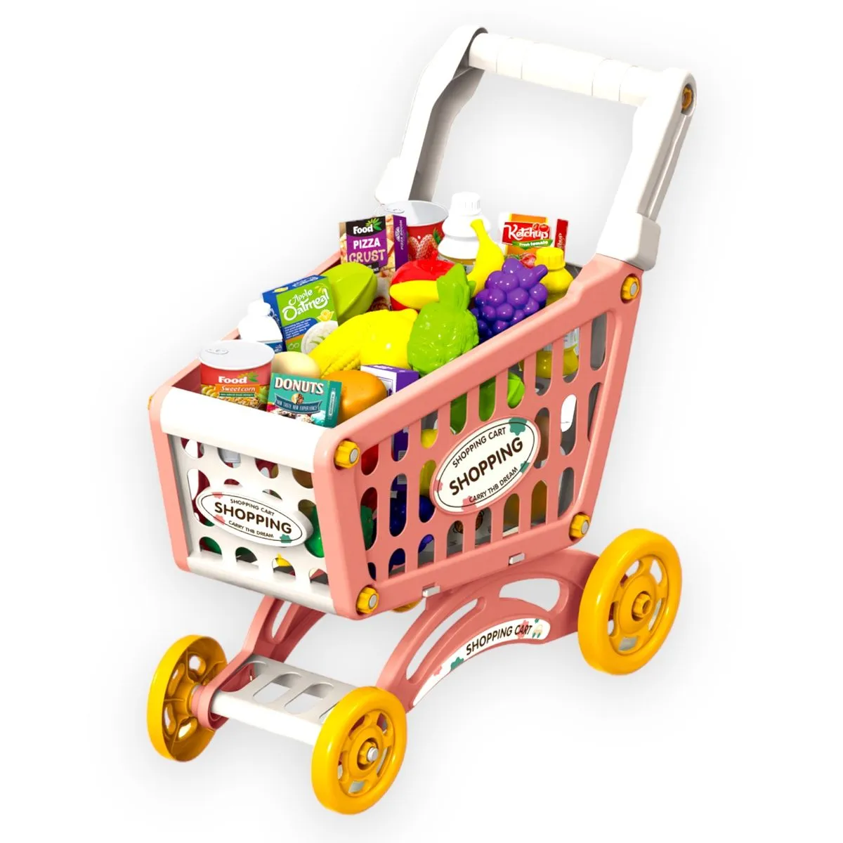 56 Piece Shopping Cart Toy - Mini Market Trolley Set for Children - Red