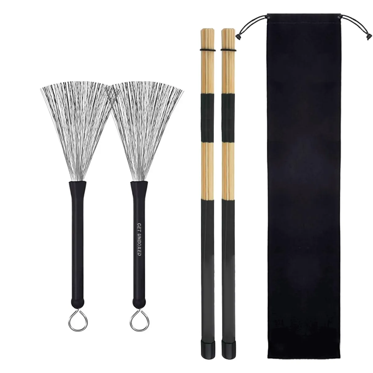 GET UNBOXED Drum Stick Brush Set Drum Sticks Wire Brushes - Black