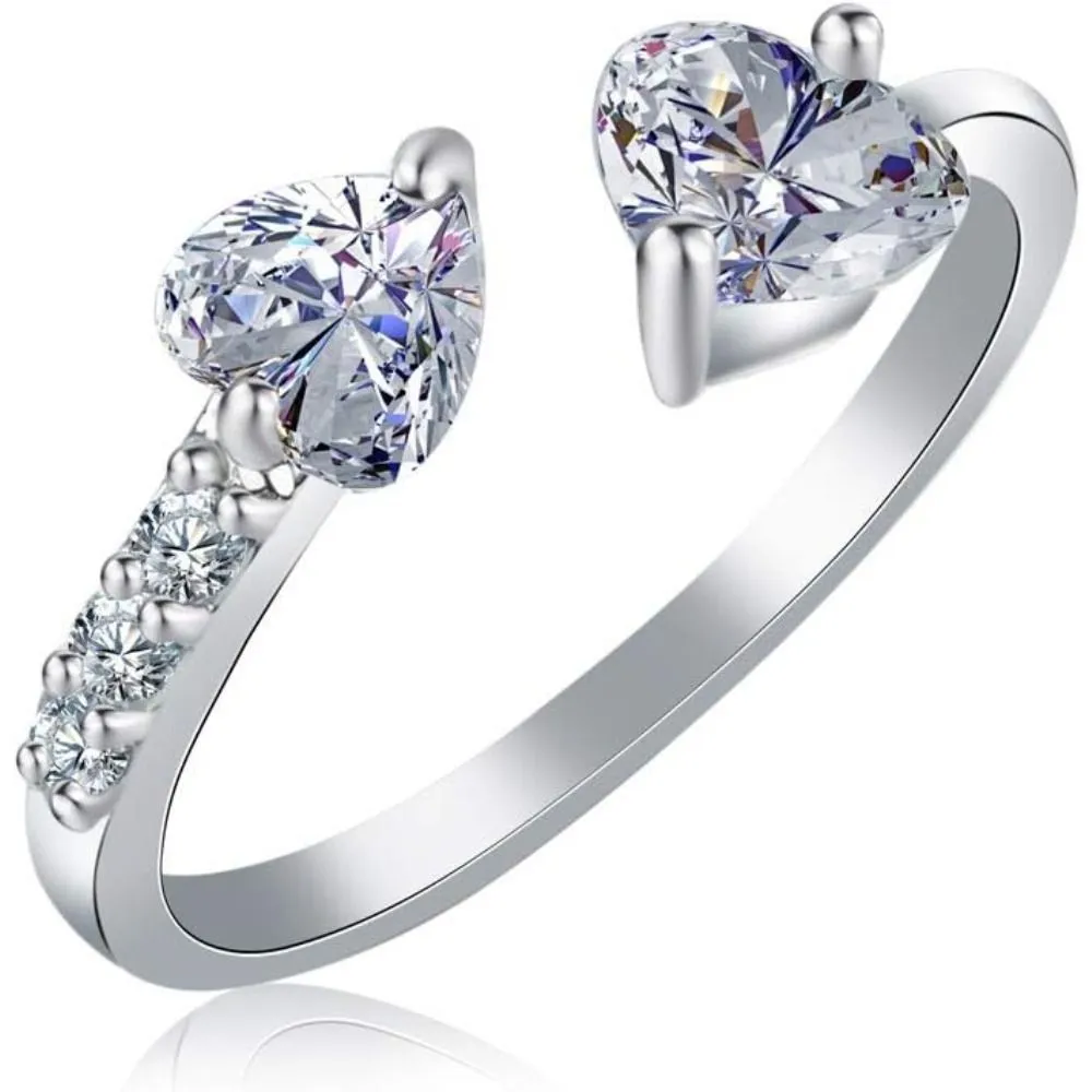 Double Love Heart Open Statement Rings for Women Adjustable Dainty Cubic