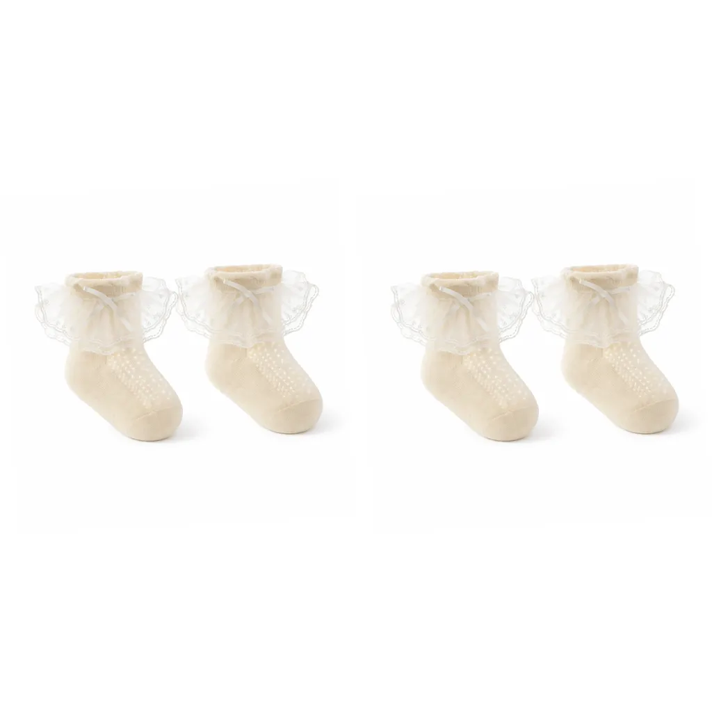 2 Pack - Elegant Lace Designed Ruffled Socks With Bow Accent