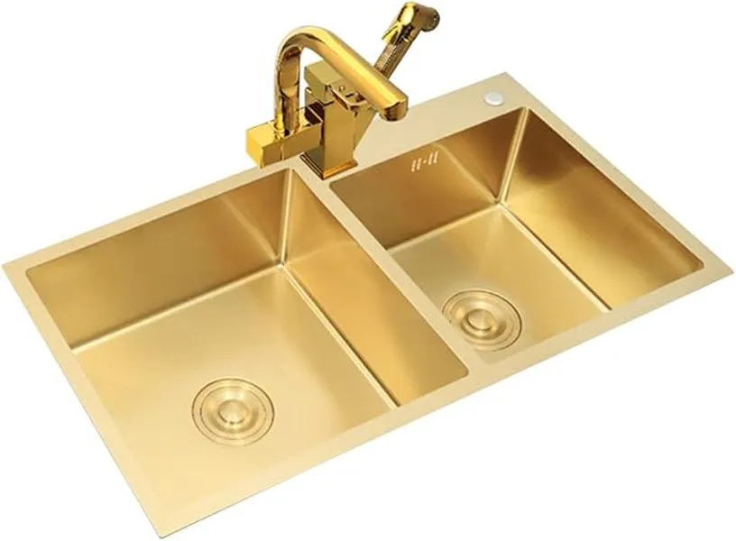 Goldcolored square double-slot stainless steel kitchen hotel universal sink